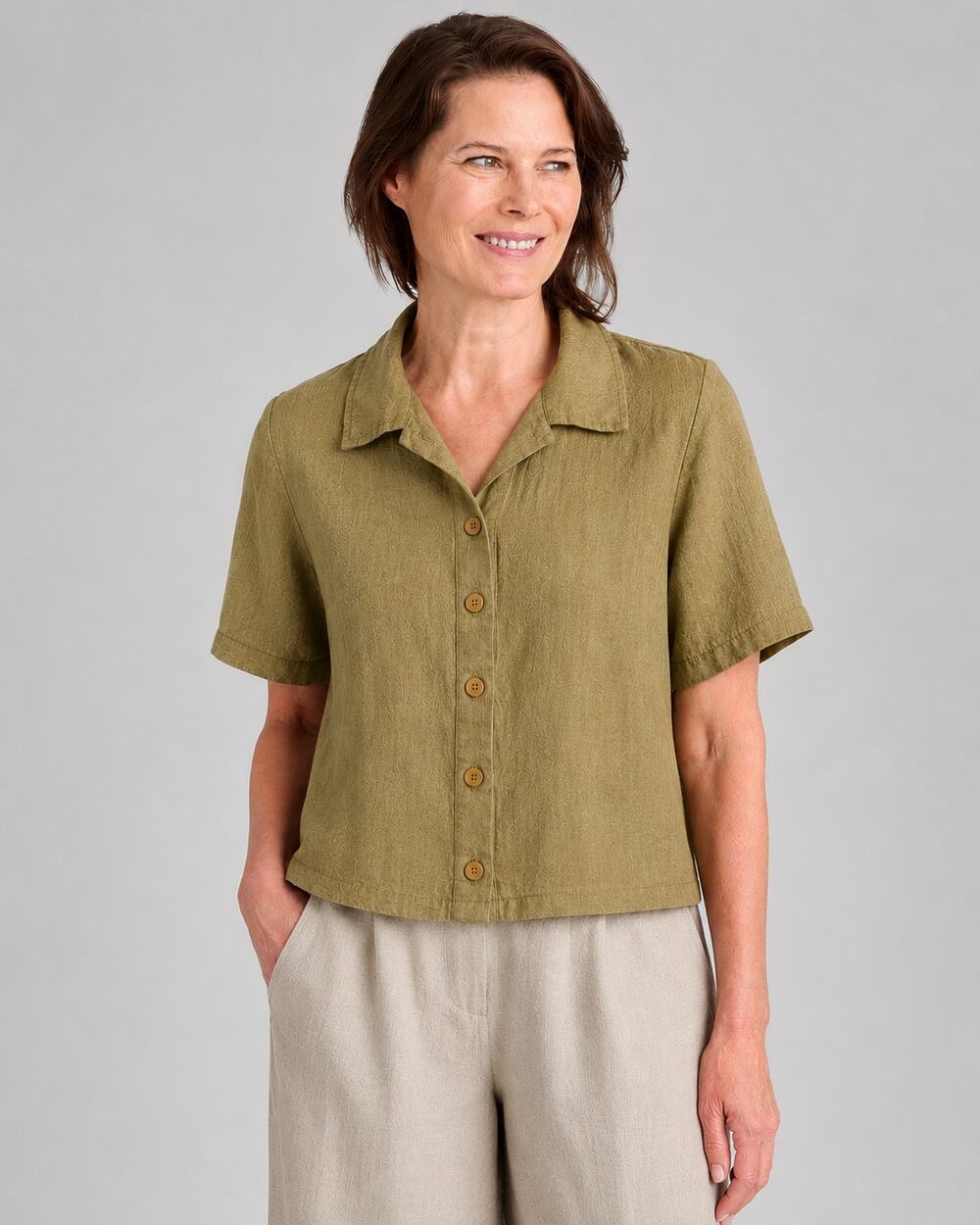 FLAX Linen Short Sleeve Button Down Shirt Olive Small S
